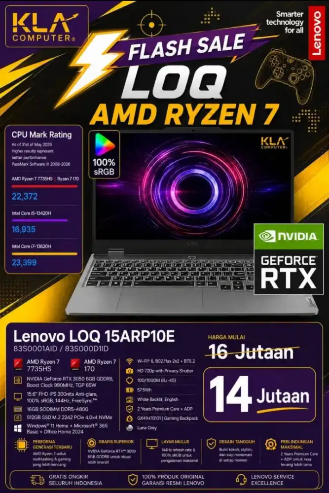 Flash Sale Laptop Lenovo AMD Ryzen 7 cicilan bunga 0% di KLA Komputer