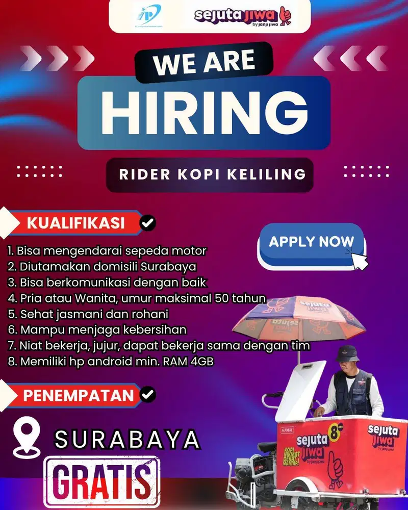 LOWONGAN PEKERJAAN RIDER KOPI KELILING SEJUTA JIWA AREA SURABAYA