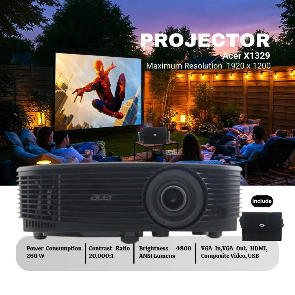 Projector Acer X1329 DLP 4800 ANSI Lumens WXGA 1280x800 HDMI VGA USB
