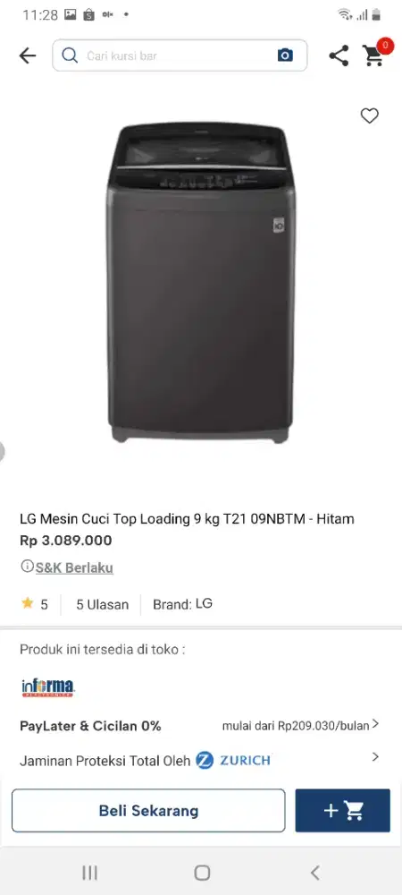 Lg mesin cuci toploading 9kg