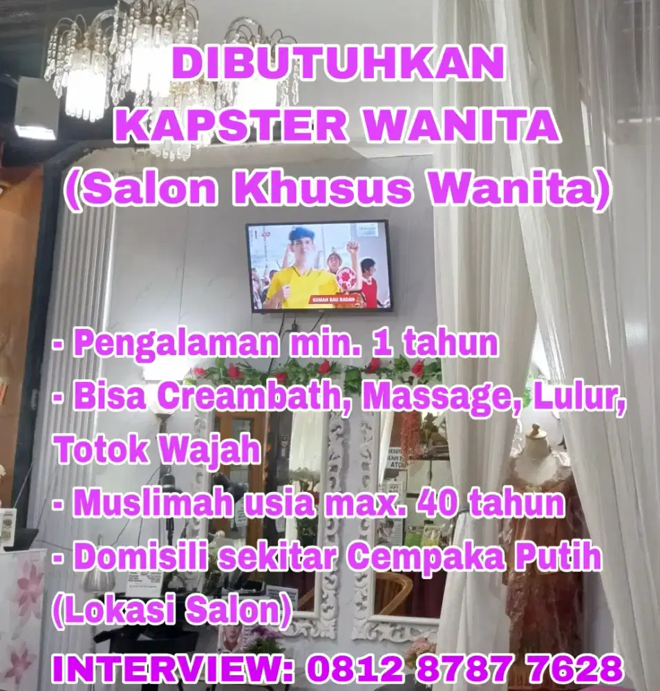 Dibutuhkan Kapster Wanita untuk Salon Wanita
