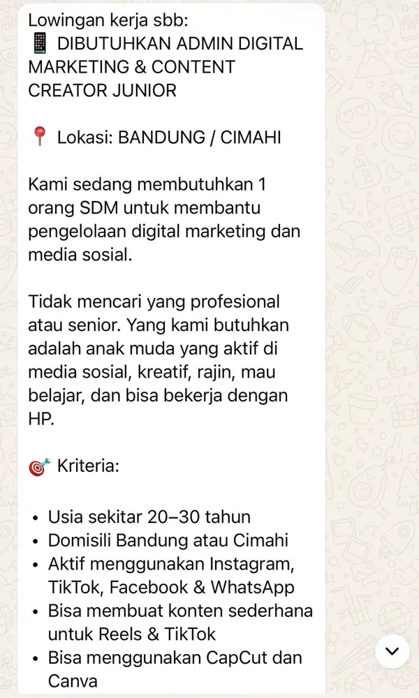 Dicari admin digital marketing dan konten creator junior
