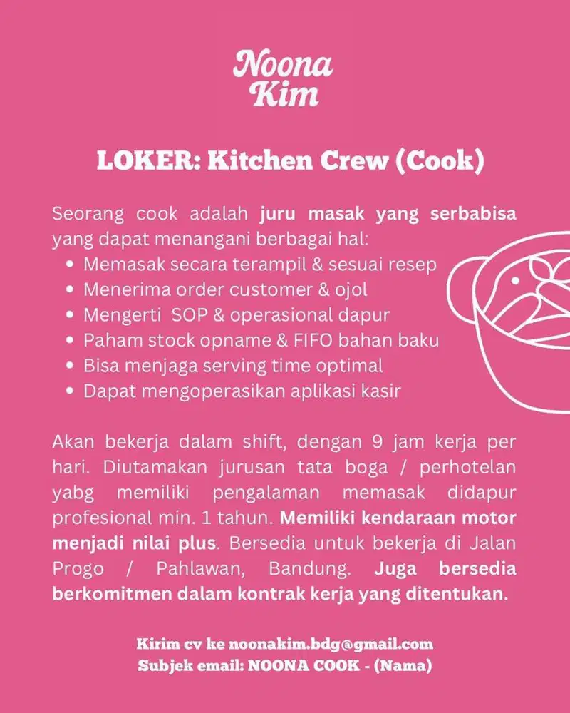 INFO LOKER COOK DIPAHLAWAN BANDUNG