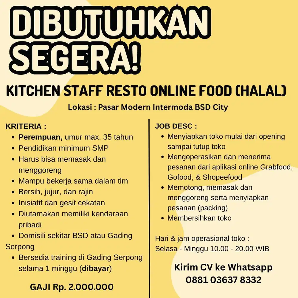 LOWONGAN PEKERJAAN KITCHEN STAFF RESTO ONLINE FOOD BSD CISAUK