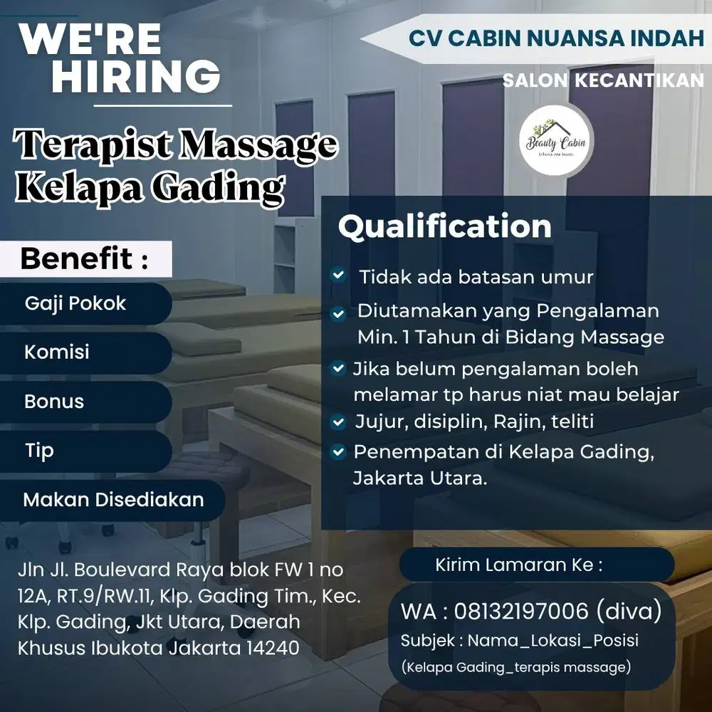 Lowongan Terapis/Beautician Kelapa Gading, Jakarta Utara