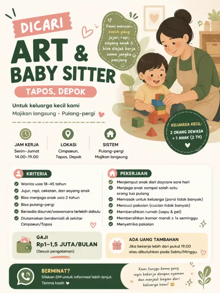 Dicari ART area Tapos Depok. 1/2  hari, Pulang Pergi. Majikan Langsung