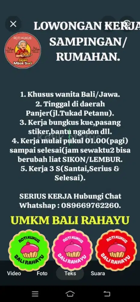 Info LOKER RUMAHAN/SAMPINGAN