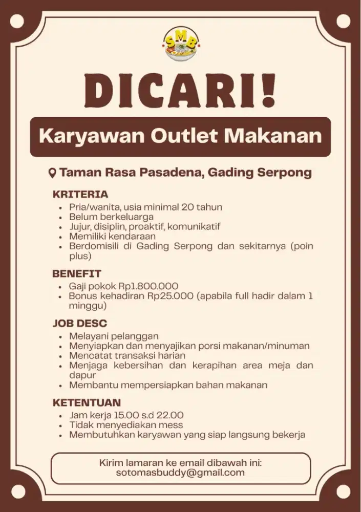 Lowongan Kerja -  Karyawan Outlet (Full-Time)