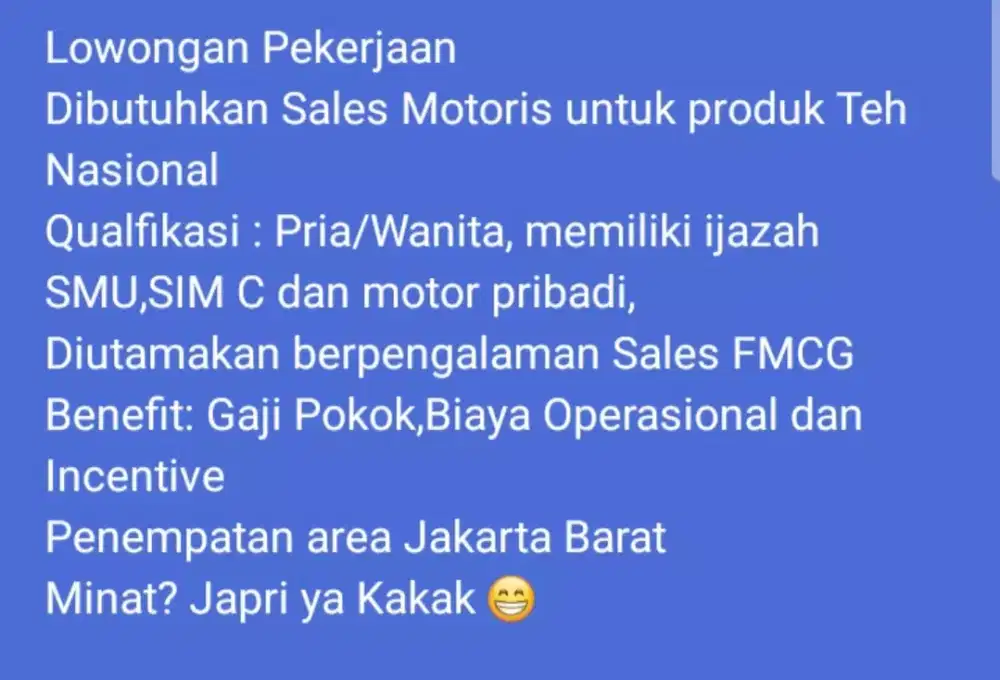 Dibutuhkan Sales Motoris