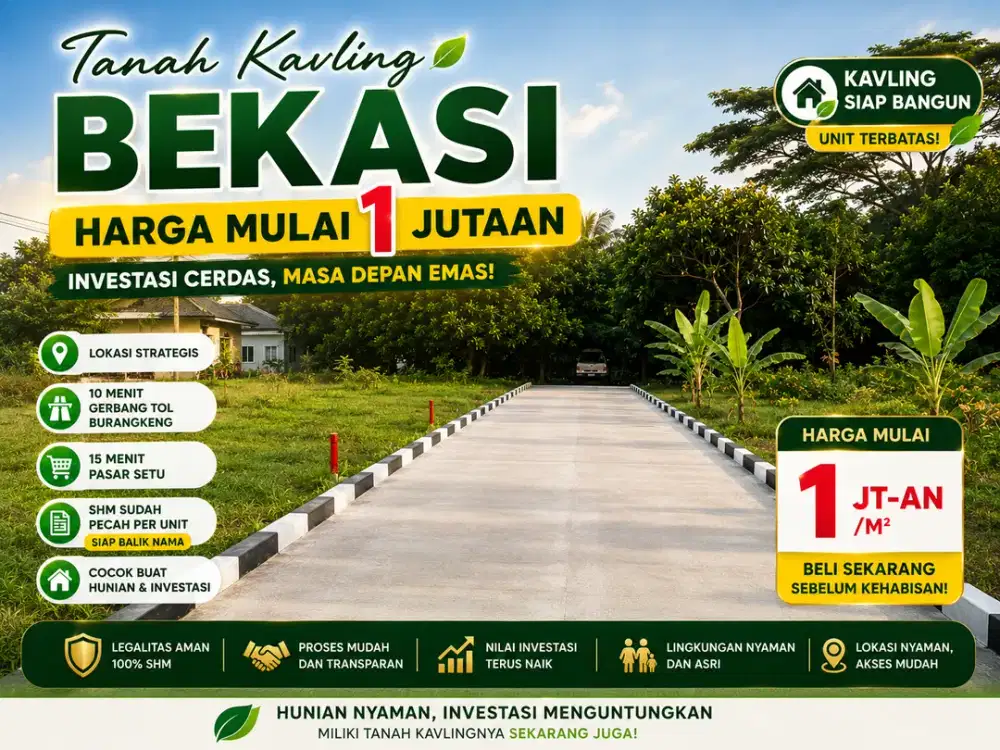 Kavling Murah Bekasi 1 Jt-an, Hanya 10 Menit Pintu Tol Burangkeng, SHM