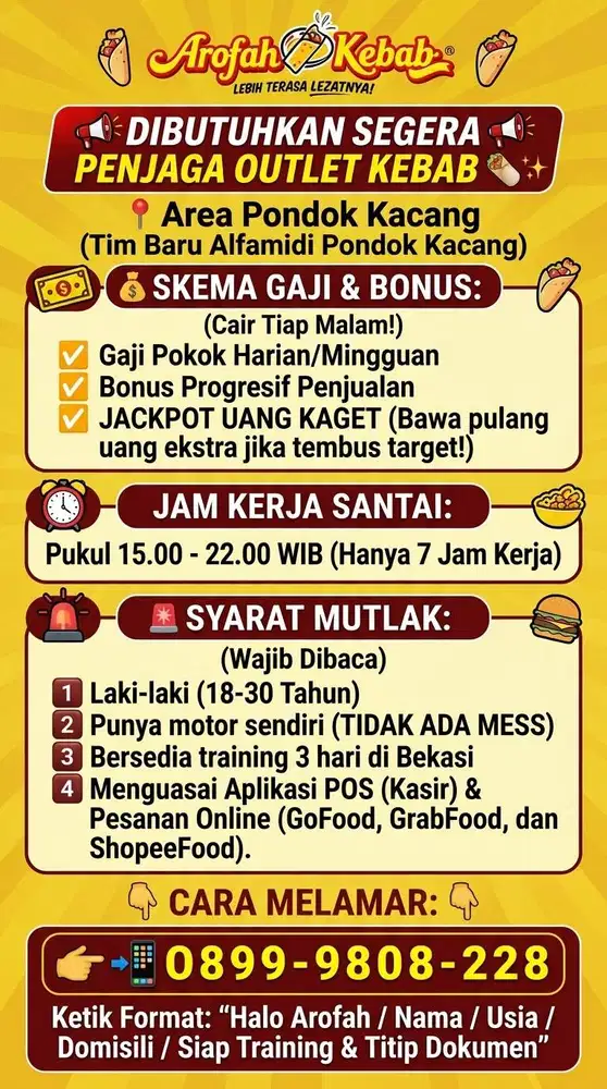 Lowongan Kerja Karyawan Jaga Gerai Arofah Kebab Pondok Kacang