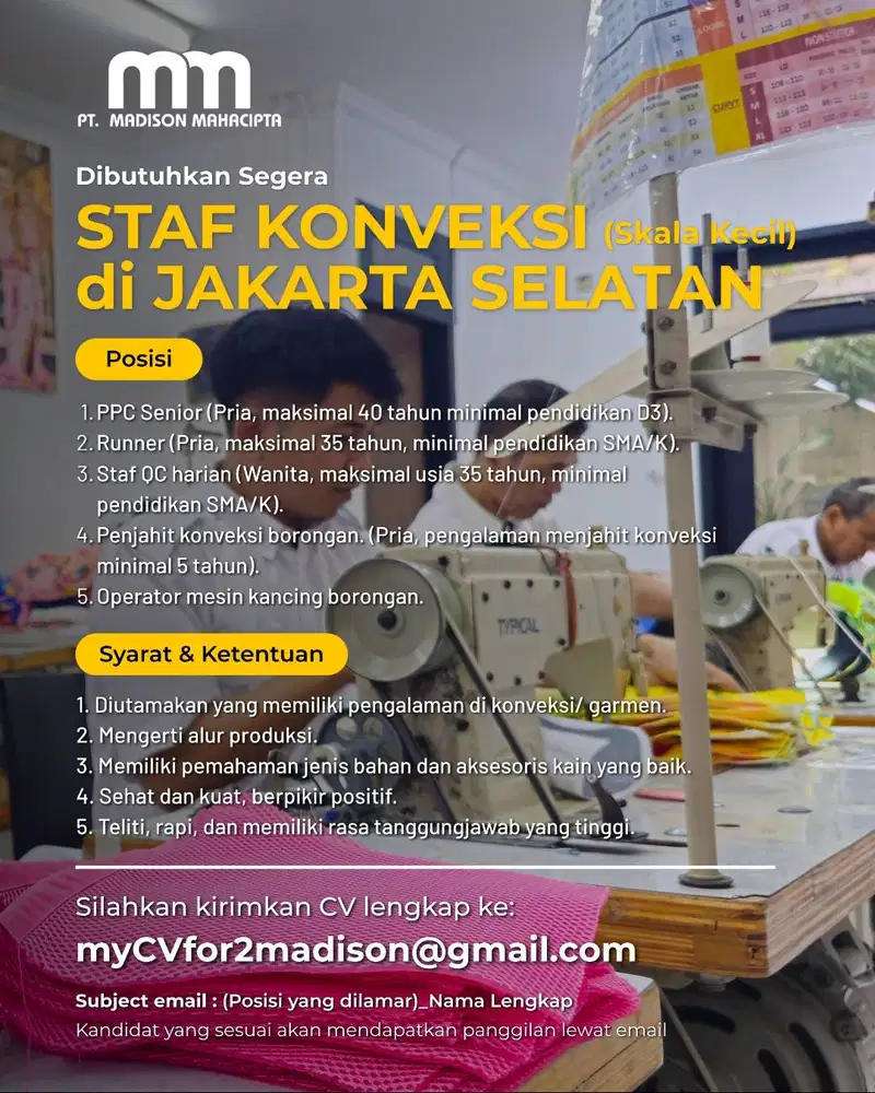Dicari Staff Konveksi Wilayah Jakarta Selatan