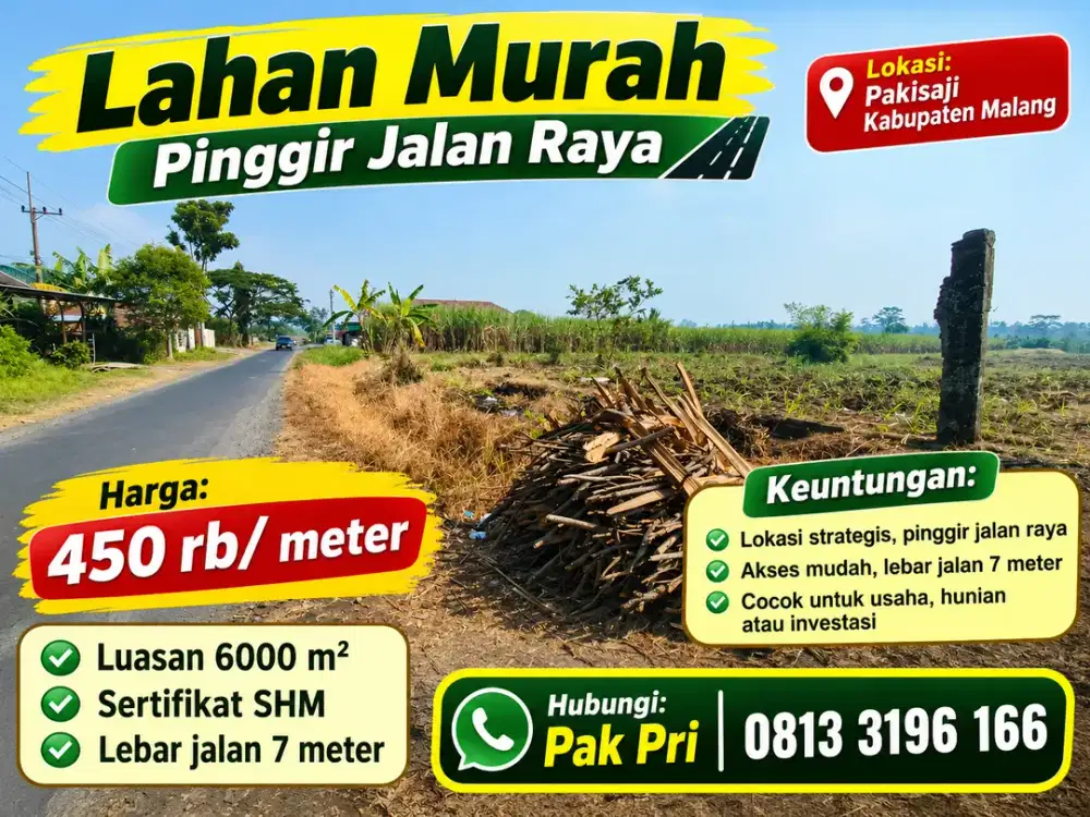 Judul Jual Lahan Murah Strategis Pinggir Jalan Raya Pakisaji Malang SHM 6000m2