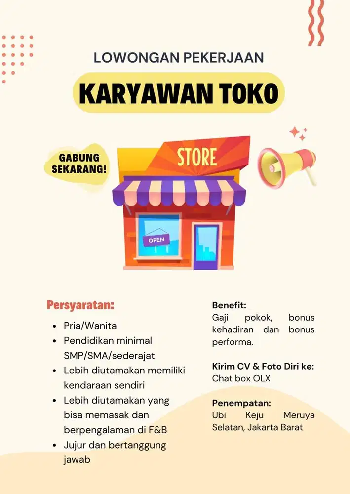 Dibutuhkan Segera - Crew Outlet/Karyawan Toko/Store Staff F&B