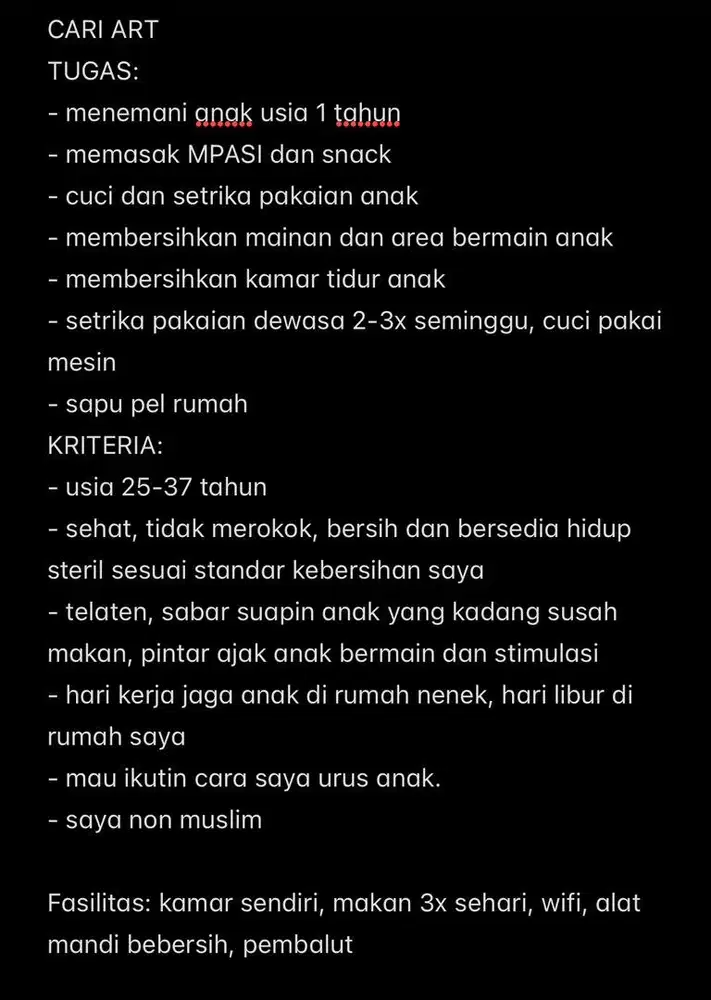 Cari ART Momong Beberes Mengingap