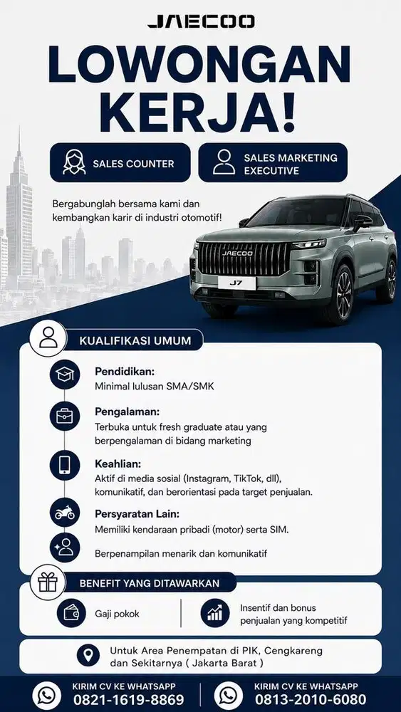 Di Butuhkan Sales Consultant Dan Sales Counter Jaecoo Megatama