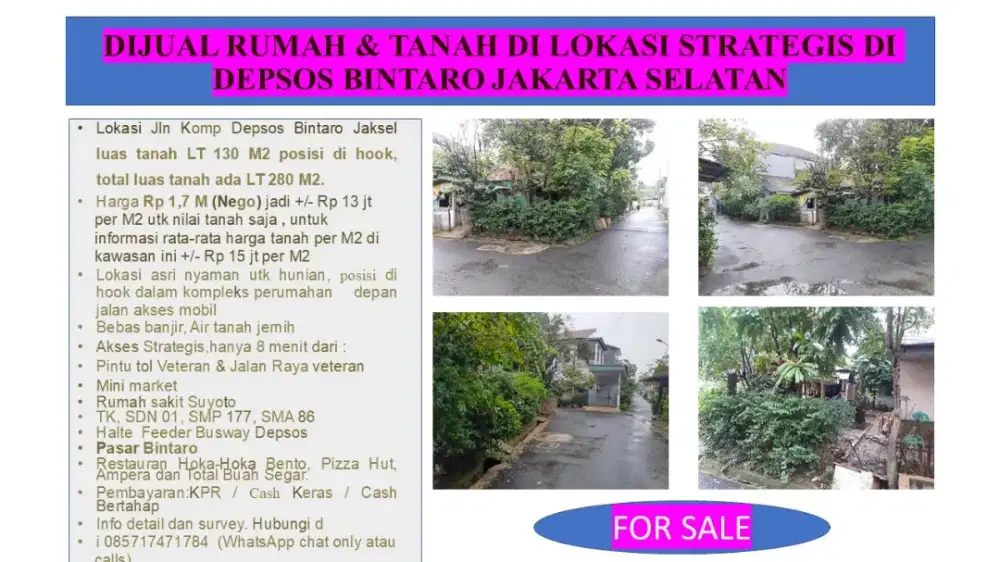 Jual Cpt Rmh/Tanah Hook LT 130M2 Lokasi Stratgis Depsos Bintaro Jaksel