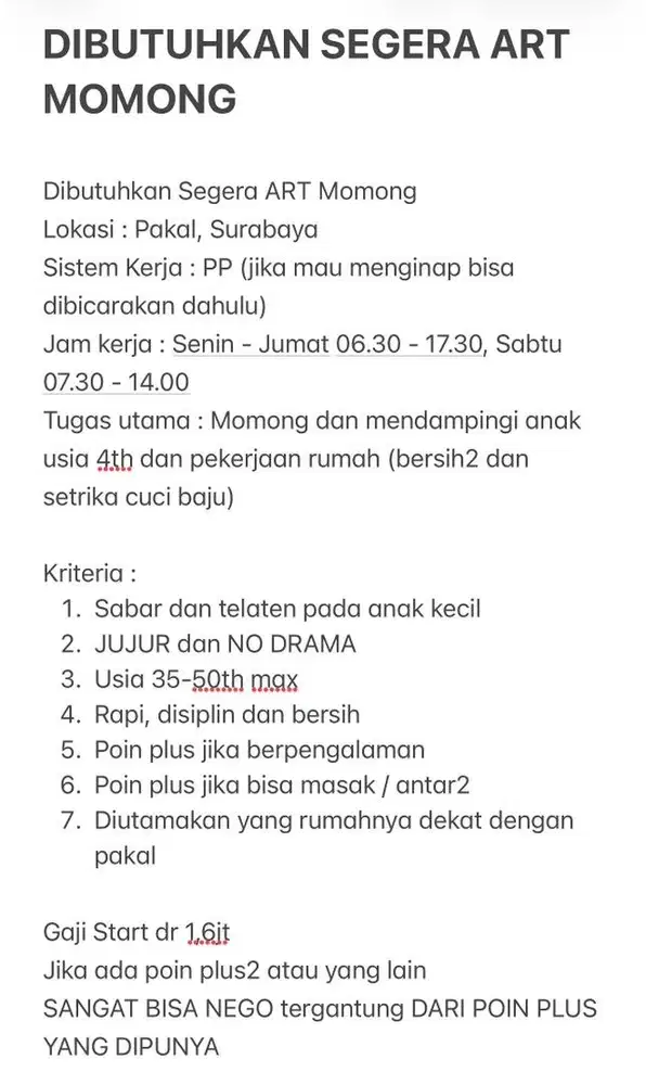 Dibutuhkan Cepat ART MOMONG
