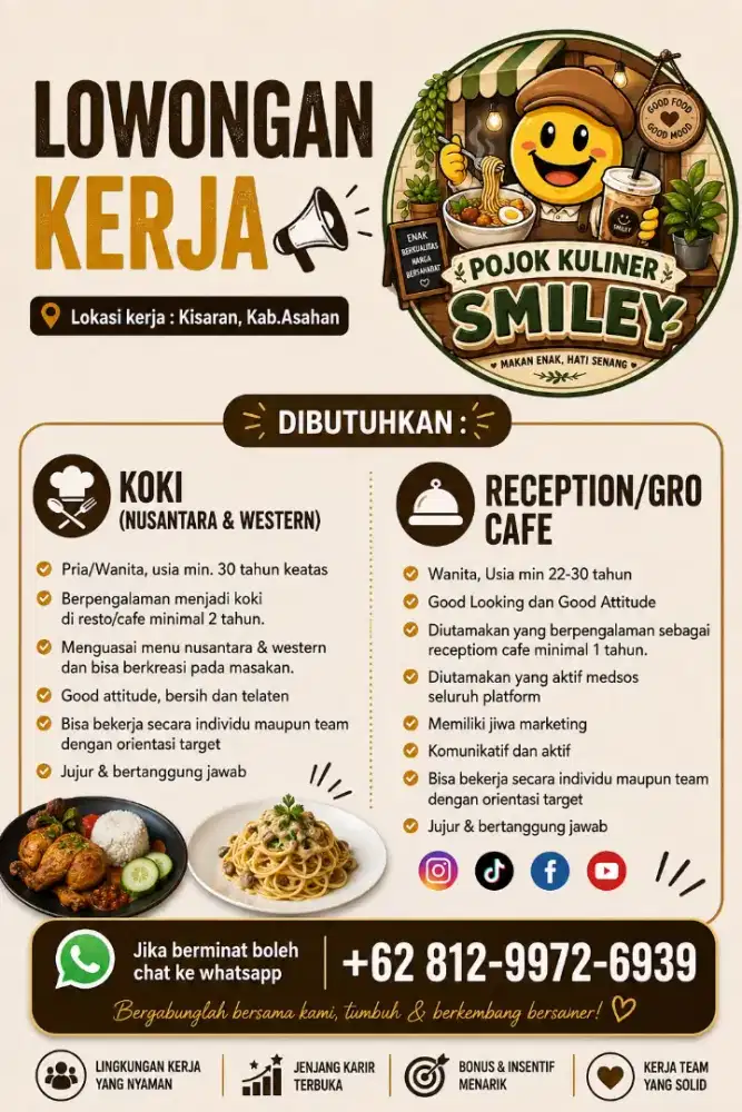 Dibutuhkan tukang masak / koki berpengalaman dan kapten / supervisor