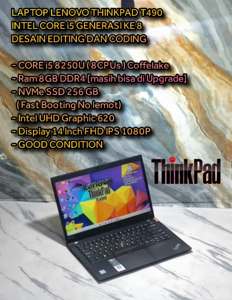LENOVO THINKPAD T490 INTEL CORE i5 LAPTOP CODING LAPTOP DESIGN LAPTOP
