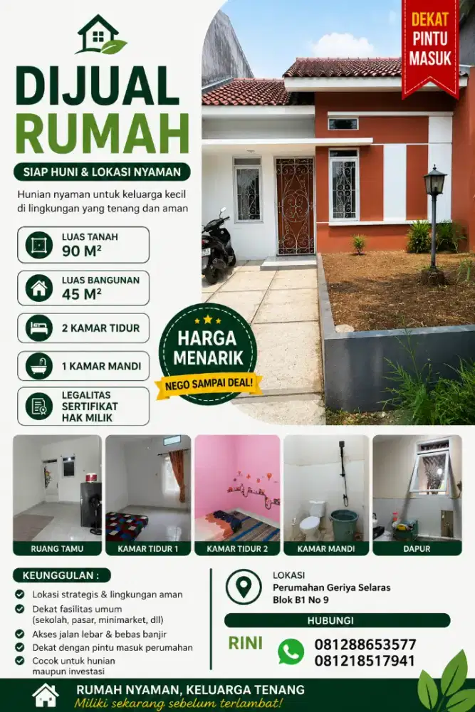 Jual Rumah Cash Bebas KPR SHM Griya Selaras Dramaga Bogor Dekat IPB