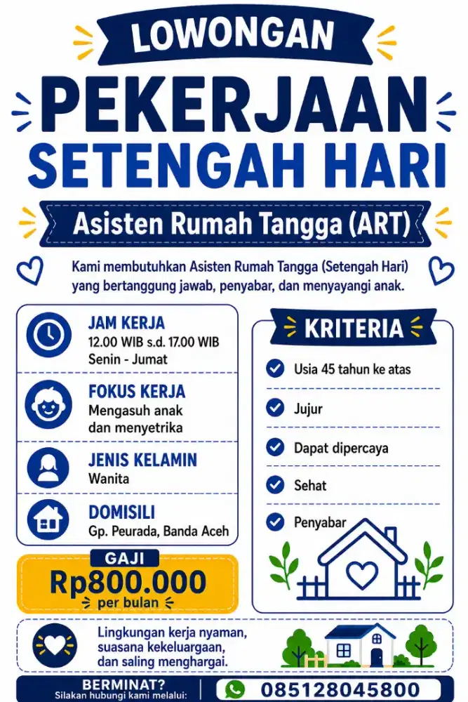 Dicari Asisten Rumah Tangga Setengah Hari