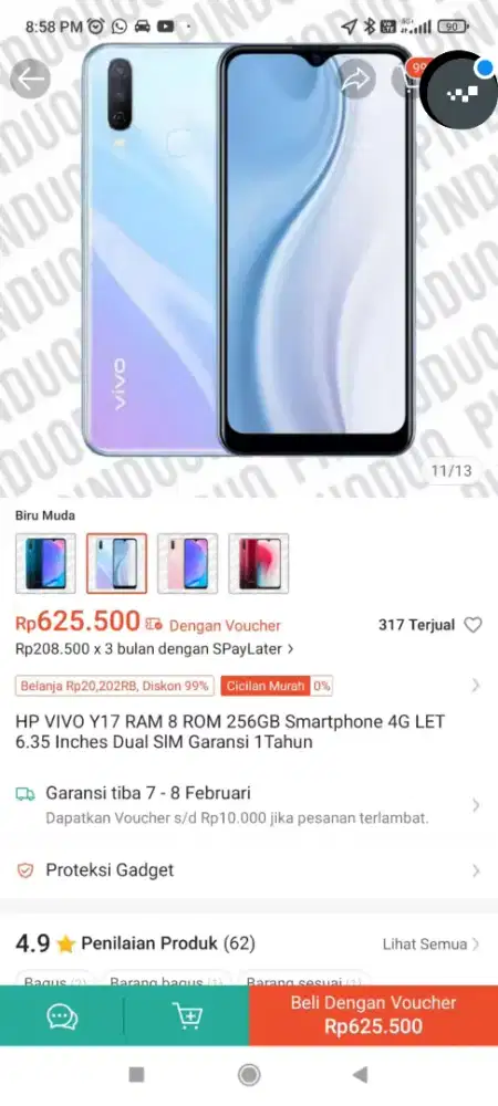 Vivo Y17 RAM 8 ROM 256GB Smartphone 4G LET 6.35 Inches Dual SlM