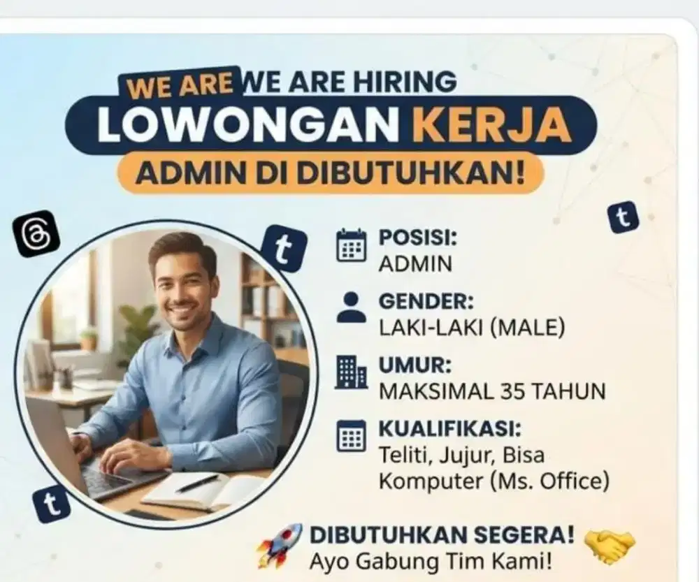 Dibutuhkan Admin Laki-laki maksimal usia 35 tahun di Sepatan