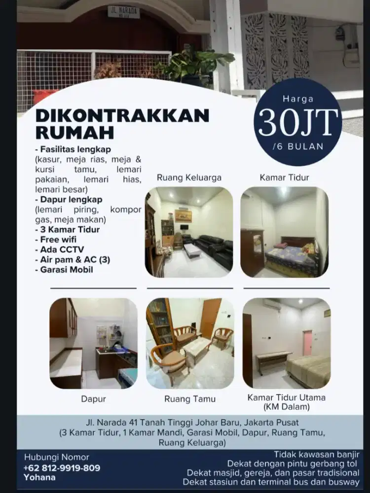 Disewakan kontrakan rumah per bulan fasilitas lengkap di SENEN