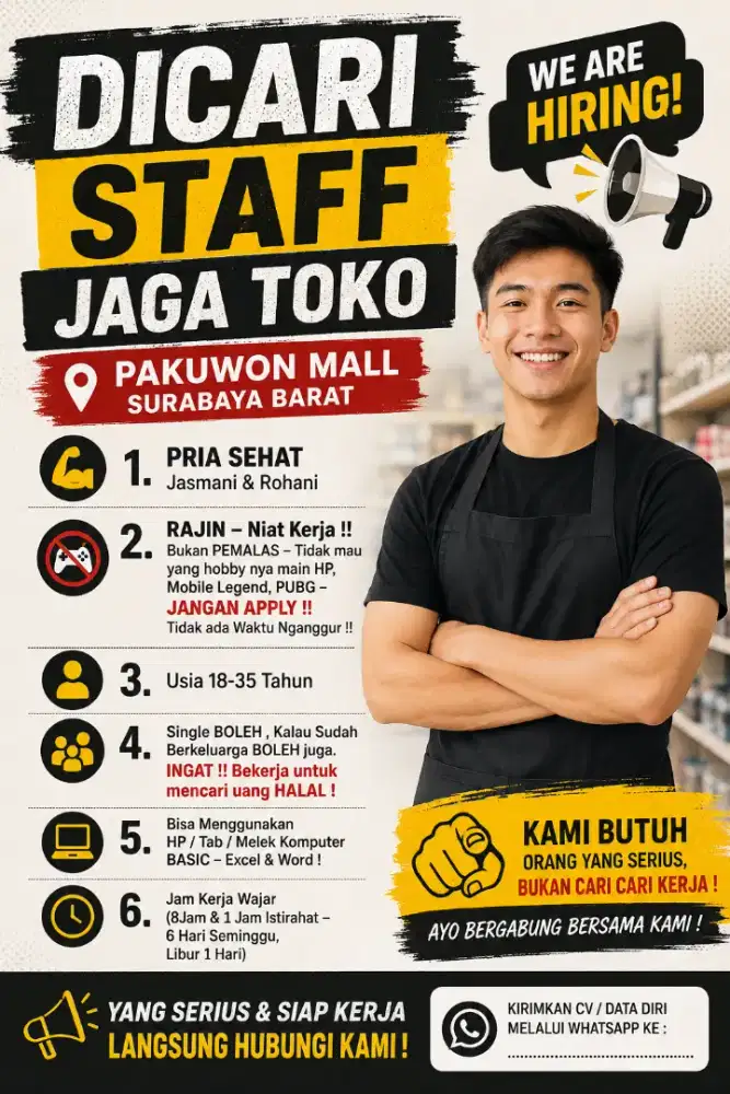 DICARI STAFF JAGA TOKO PAKUWON MALL SURABAYA BARAT