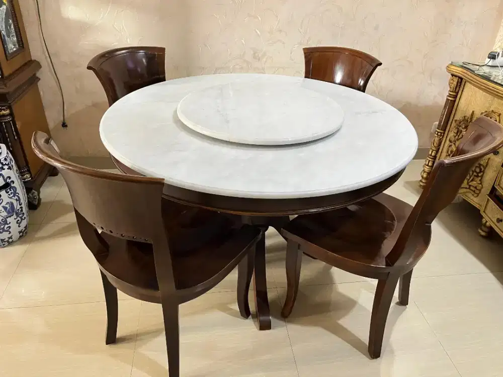 Meja Makan Marmer Bundar Full Jati Model Antik