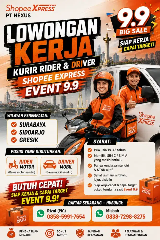 LOKER KURIR ALL AREA JAWA TIMUR penempatan bisa pilih sesuai domisili