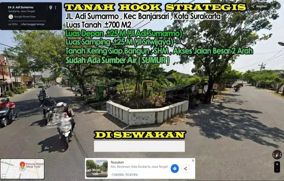 DISEWAKAN ! Tanah Hook Lokasi Strategis 2 Jalur Kendaraan Besar