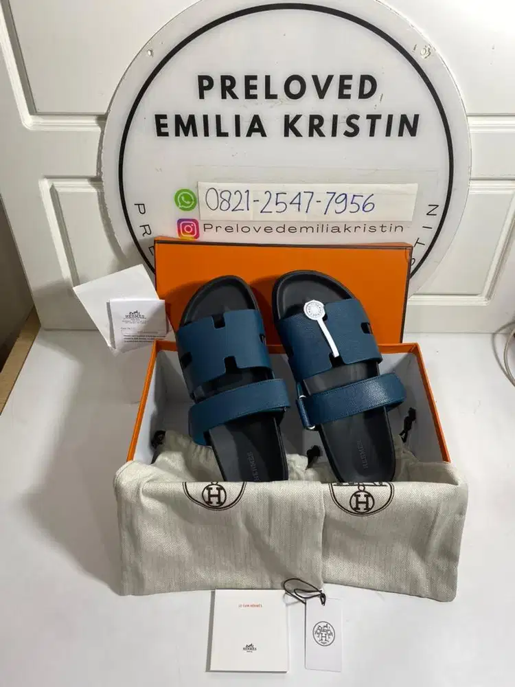 Preloved Chypre Sandal Blue Canard Calfskin Leather H logo