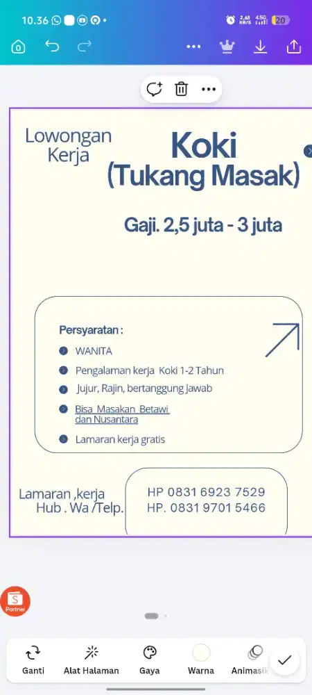 DICARI KOKI /TUKANG MASAK
