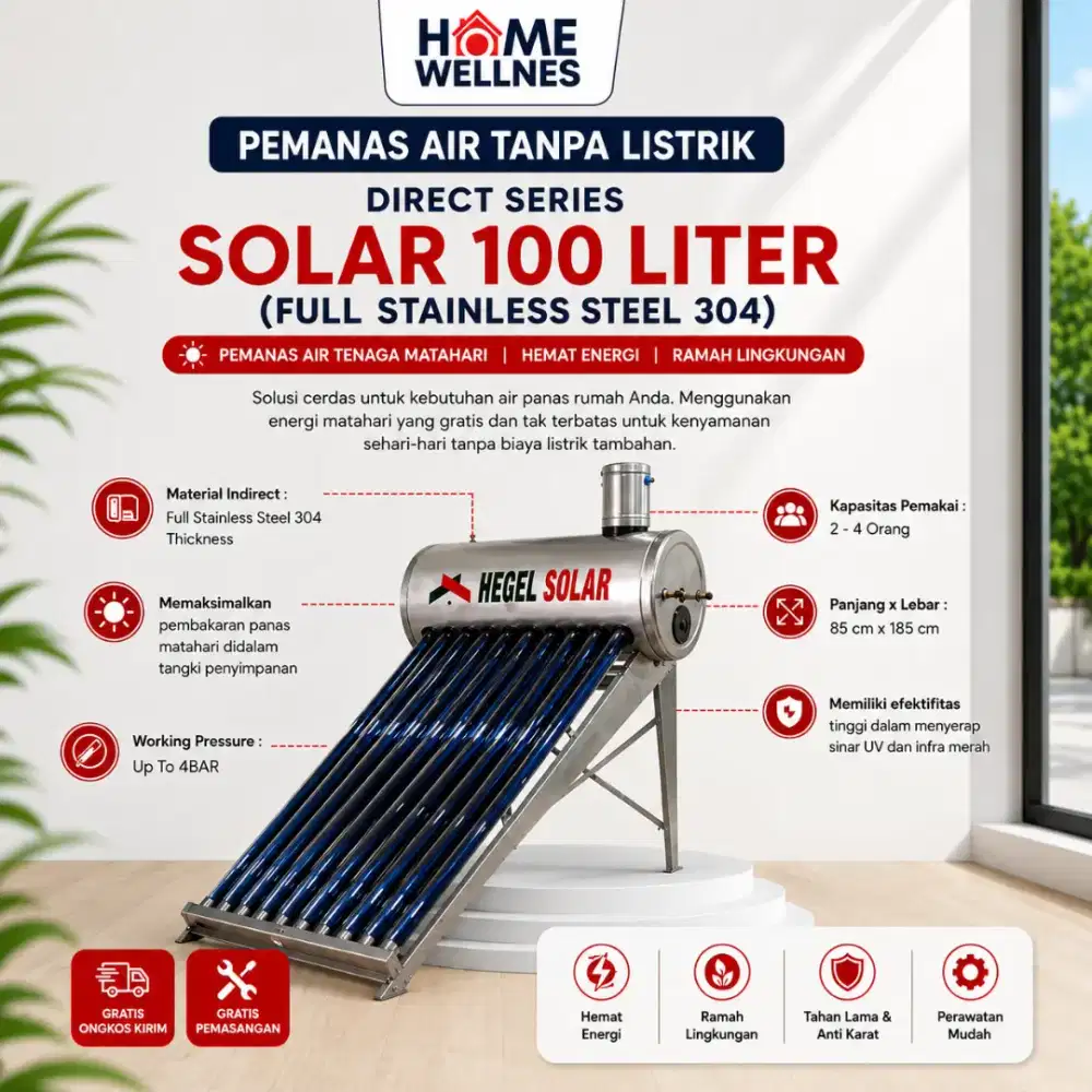 Water Heater Hegel Solar 100L Stainless -  Pemanas Air Tenaga Surya