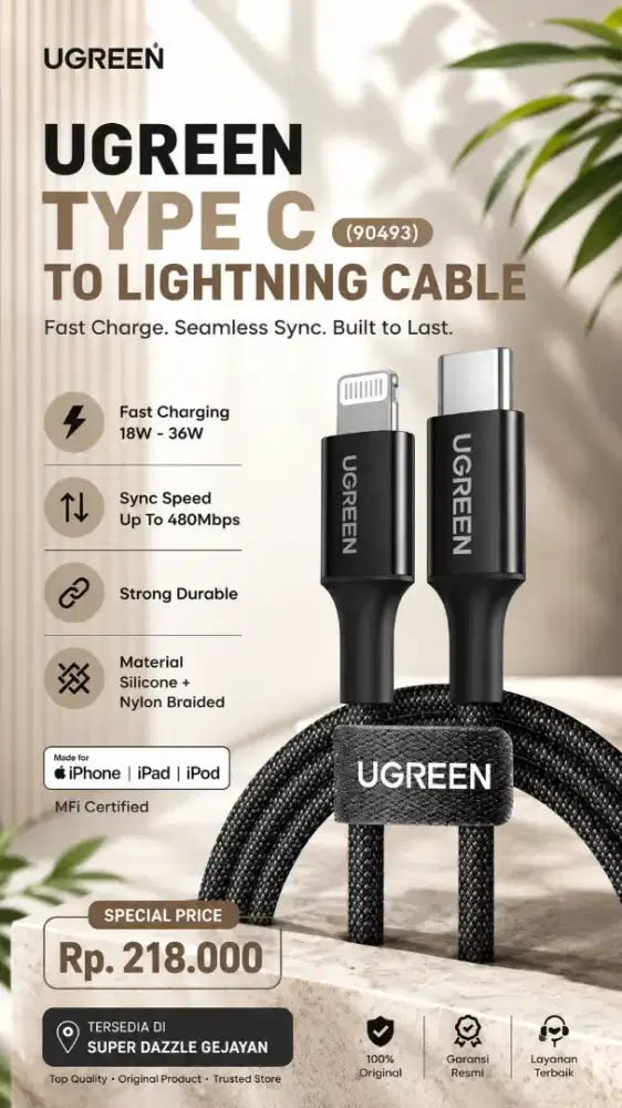 UGREEN TYPE C TO LIGHTNING MFI CABLE (90493)