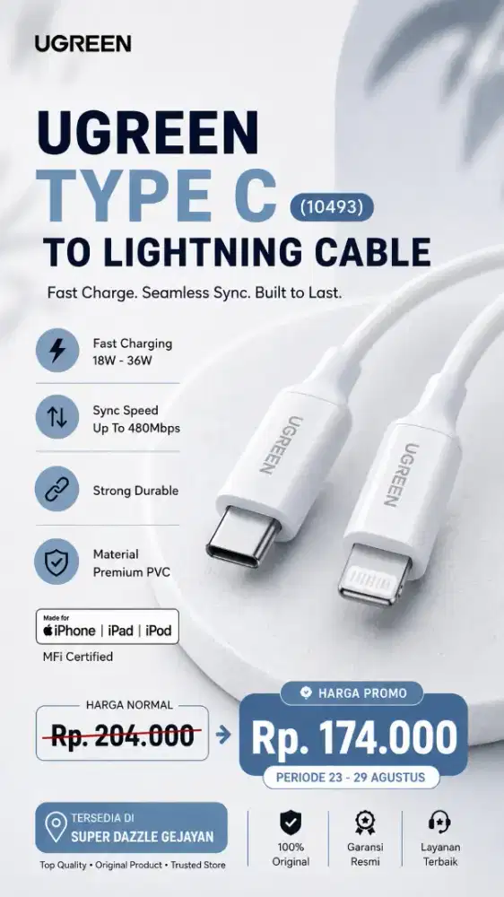 UGREEN TYPE C TO LIGHTNING MFI CABLE (10493)