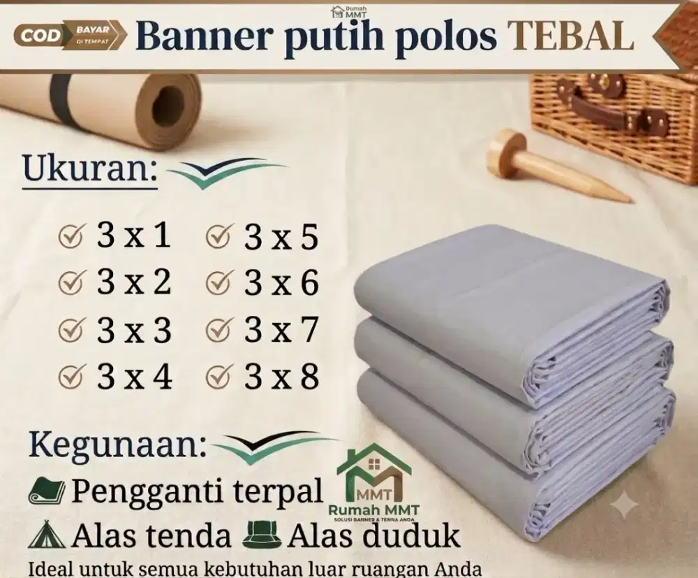 Spanduk putih polos lebar 3m x panjang 3m waterproof