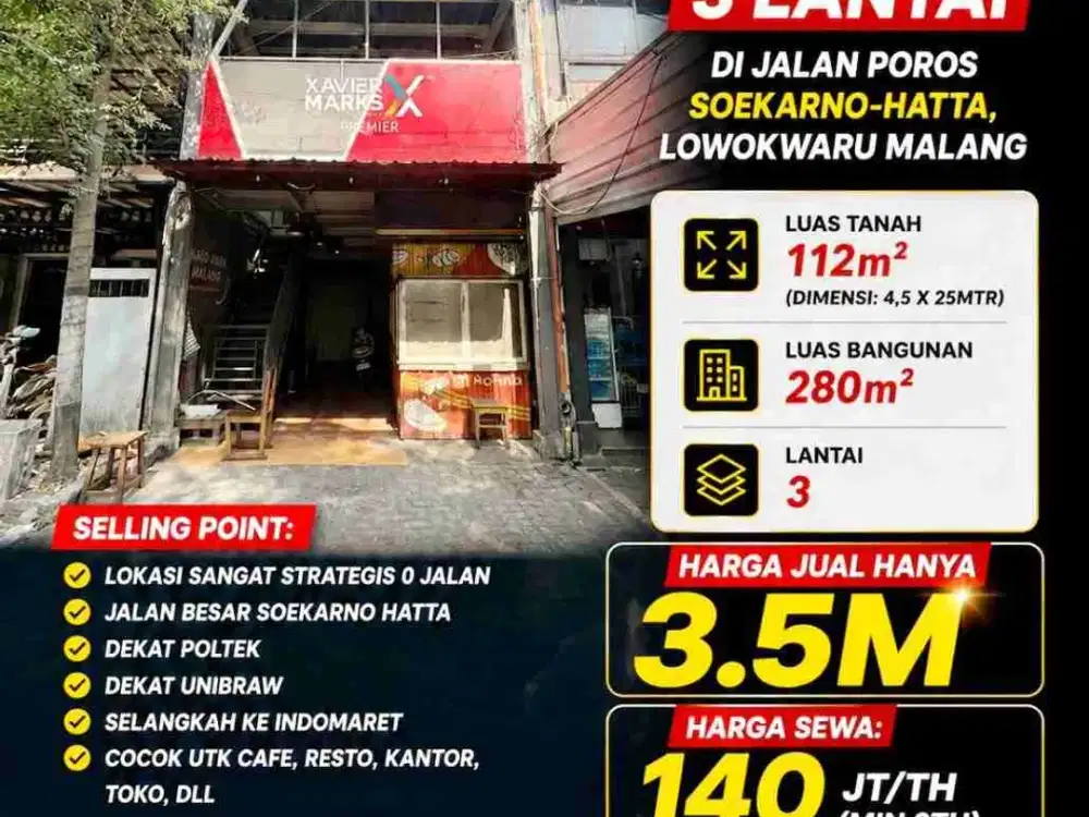 M82 Jual / Sewa  Ruko 3 Lantai Poros Jalan Raya Sukarno Hatta Malang