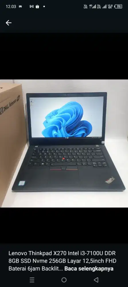 Thinkpad X270 Core i3-7100U DDR8GB SSD256GB Led 12,5 FHD 6jam Backlit