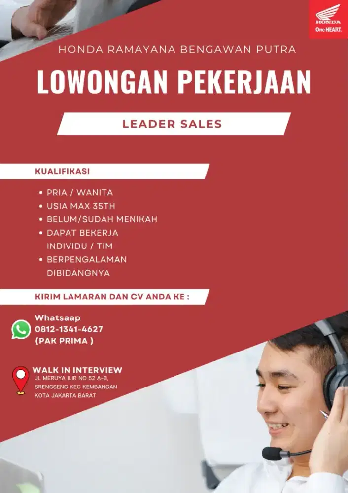 Dibutuhkan Sales Counter dan Leader Sales Marketing