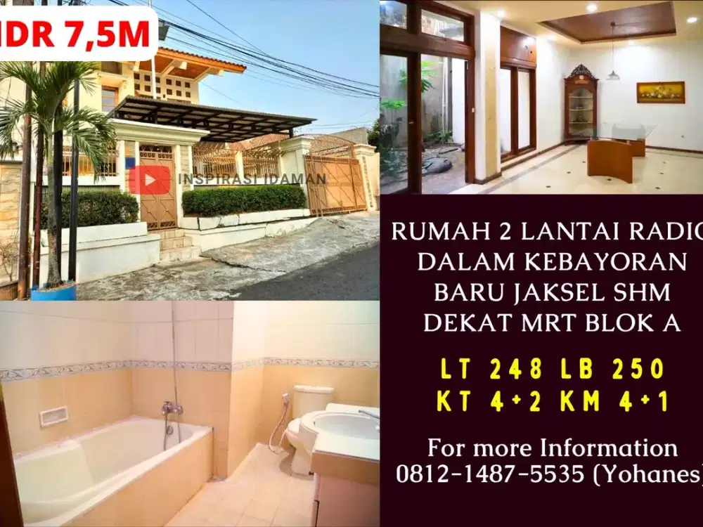 Rumah 2 Lantai Radio Dalam Kebayoran Baru Jaksel LT 248m² SHM Dekat MRT Blok A