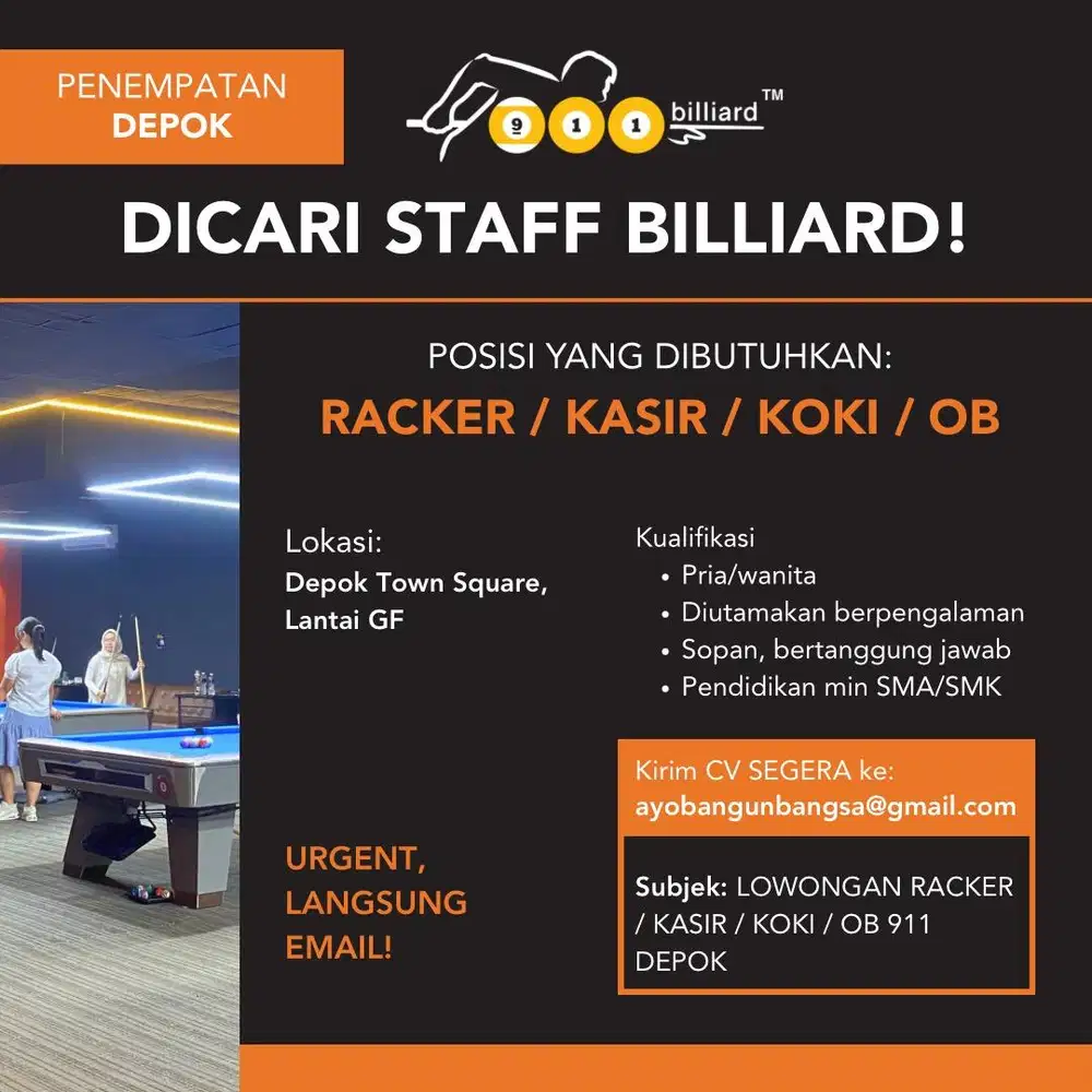 Lowongan Kerja Racker / Kasir / Koki / OB 911 Billiard Depok