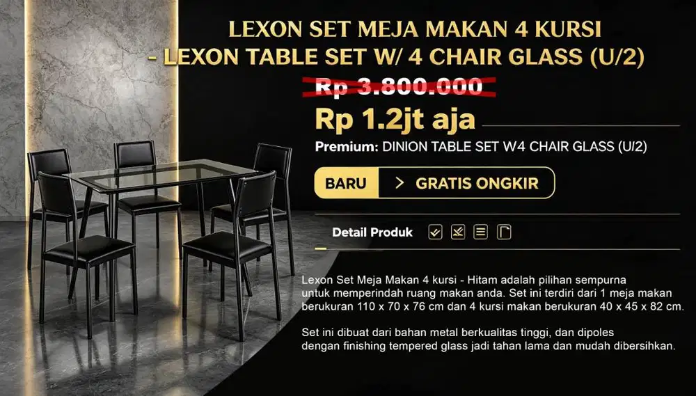 Lexon set meja makan 1 meja kaca 4 kursi