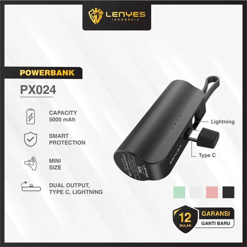 [NEW] Powerbank Lenyes PB24 5000mAh Warna Hitam Type C