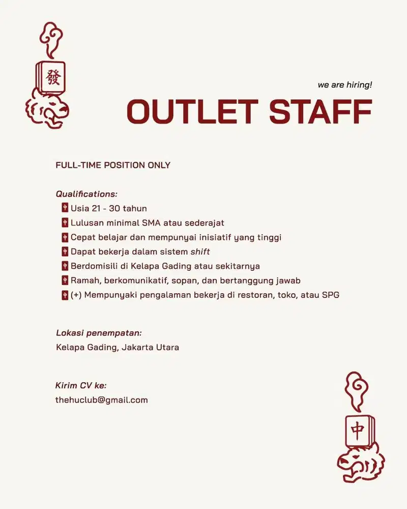 Dibutuhkan Staff Tempat/Outlet Bermain Mahjong