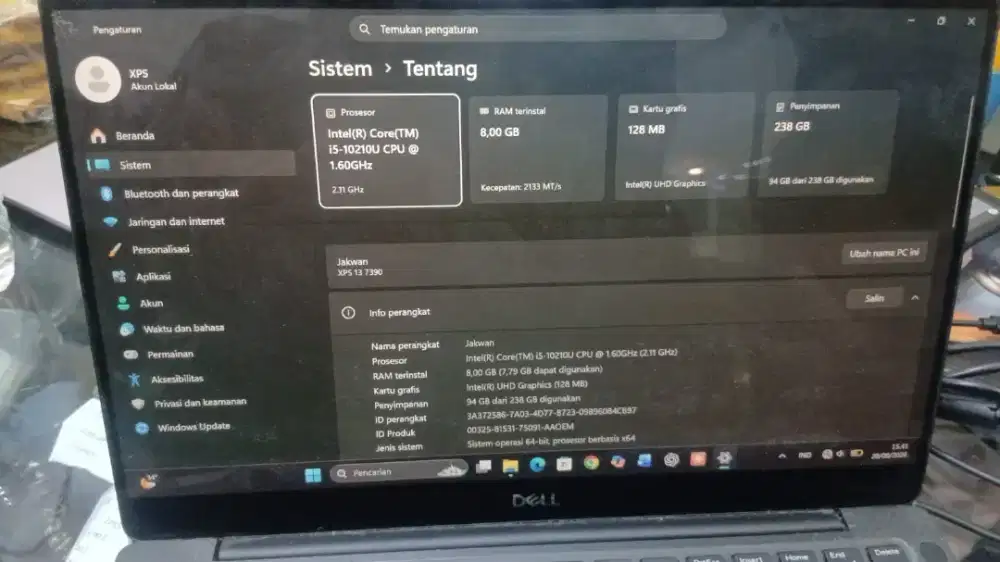 jual Laptop Dell xps 13 7390 i5 gen 10/8gb/256gb