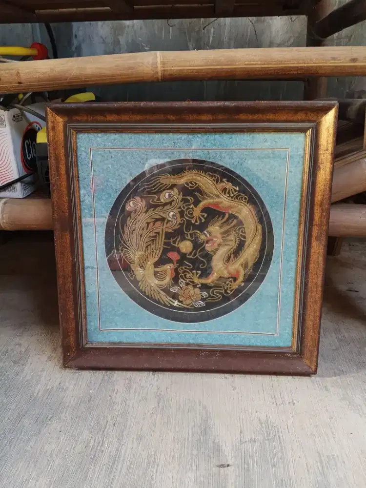 Vintage Chinese Silk Embroidery - Framed Dragon and Phoenix Motif