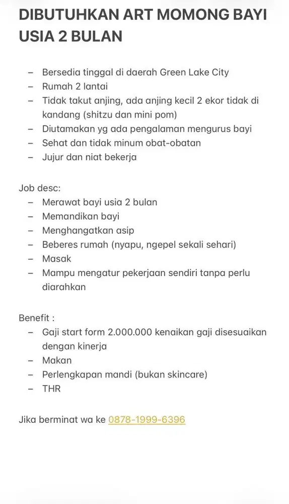 DIBUTUHKAN ART MOMONG BAYI USIA 2 BULAN